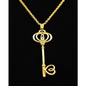 NVC Vintage Heart Key Pendant Necklace Rhinestone Crystal Gold Signed Bin7B